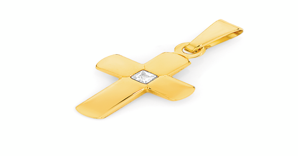 9ct Gold 12mm Cz Rounded Cross Pendant in Clear | Angus & Coote