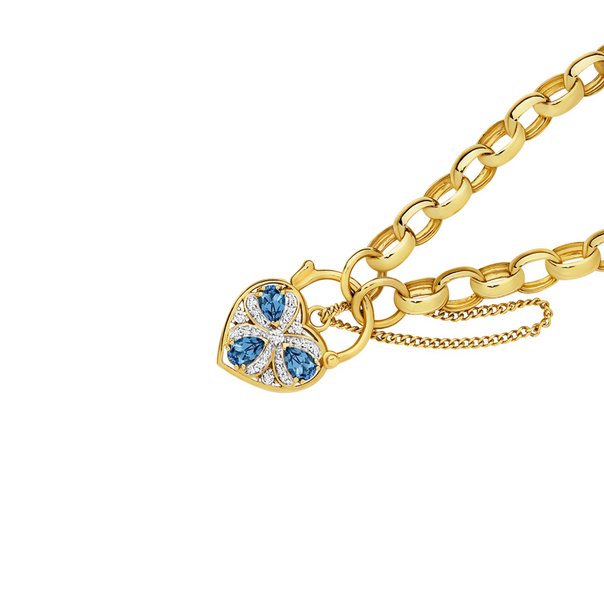 9ct Gold 19cm Solid Belcher London Blue Topaz & Diamond Padlock Bracelet