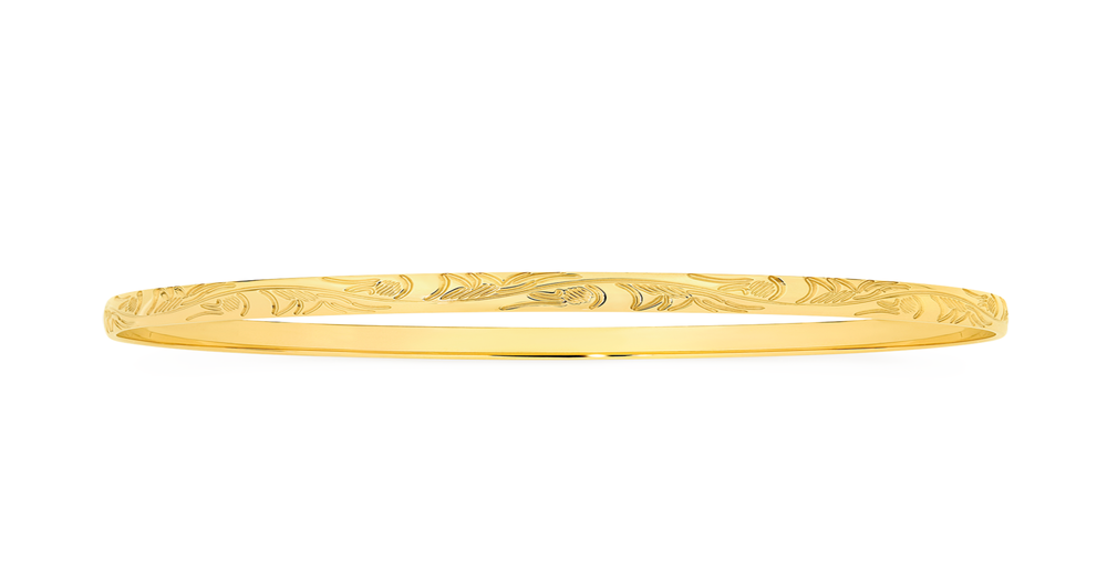 9ct Gold 65mm Solid Swirl & Flower Pattern Bangle | Angus & Coote