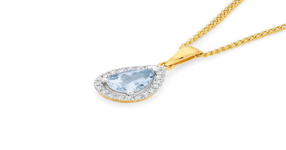 9ct Yellow Gold 0.88ct Pear Aquamarine and Diamond Pendant