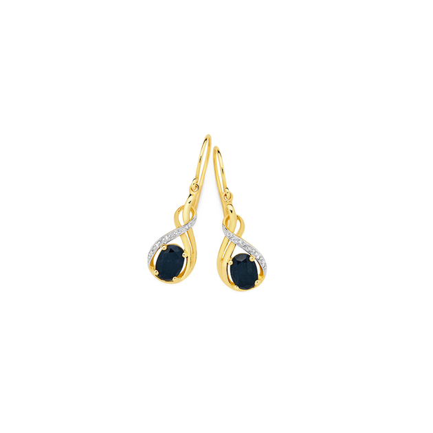 9ct Gold Black Sapphire Diamond Hook Earrings in Black Angus
