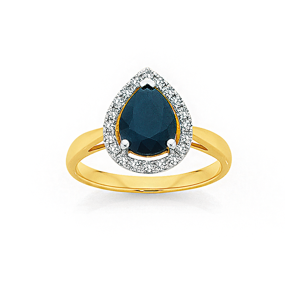 9ct Gold Black Sapphire Diamond Pear Halo Ring in Blue Angus