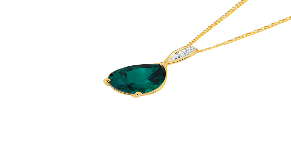 9ct Gold Created Emerald & Diamond Pear Shape Pendant in Green | Angus