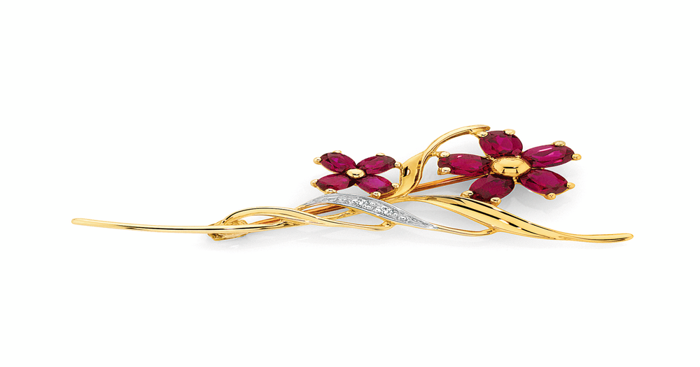 9ct Gold Created Ruby & Diamond Flower Brooch in Red | Angus & Coote