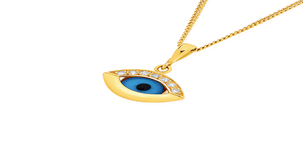 9ct Gold Cubic Zirconia & Evil Eye Pendant in White Angus & Coote
