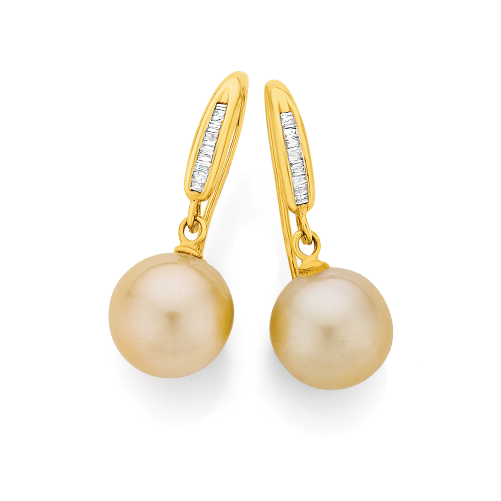 9ct Gold Cultured South Sea Pearl & .10ct Diamond Hook Earrings in