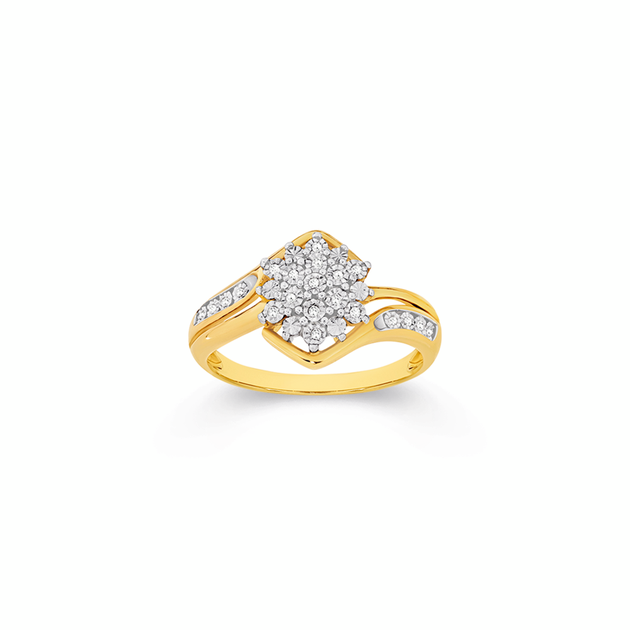 ladies 9ct gold dress rings Ladies 9ct yellow gold dress ring set with diamonds and a sapphire, UK size L