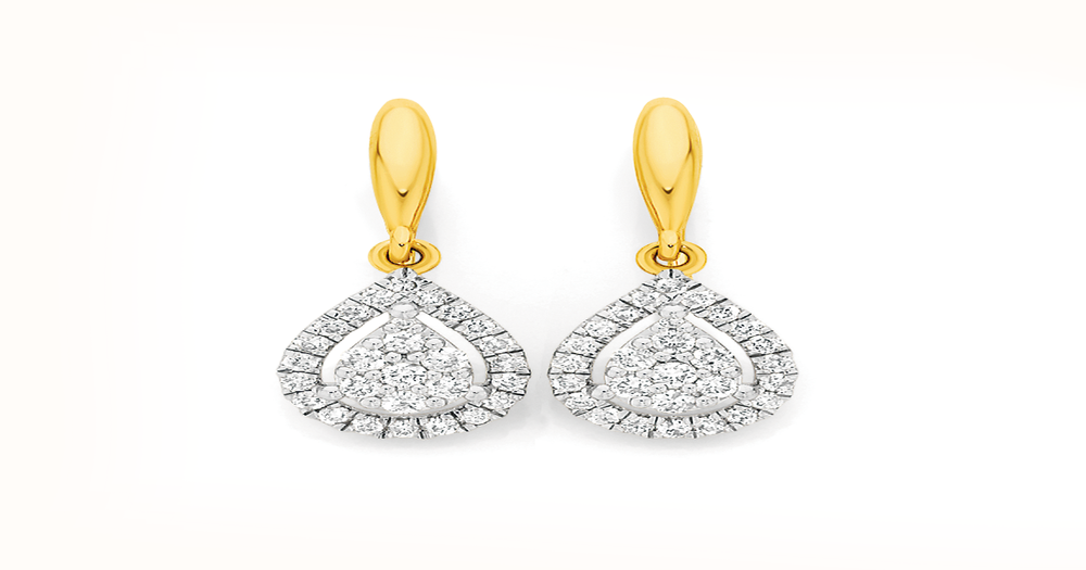 9ct Gold Diamond Cluster Pear Drop Hook Earrings in White