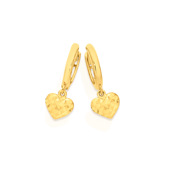 9ct Gold Diamond-cut Heart Drop Huggie Earrings