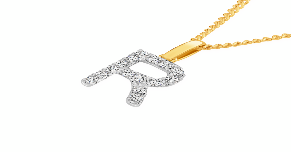 9ct Gold Diamond Initial 'r' Block Pendant | Angus & Coote