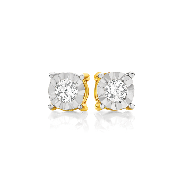 9ct Gold Diamond Round Brilliant Cut Miracle Plate Stud Earrings