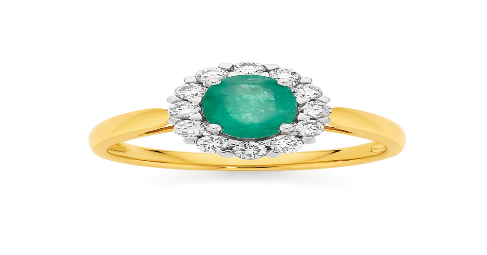 9ct Gold Emerald Diamond Oval Cluster Ring in Green