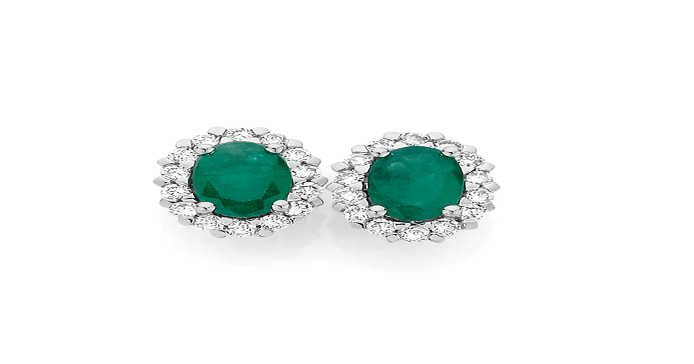 9ct Gold Emerald & .25ct Diamond Oval Frame Stud Earrings in Green