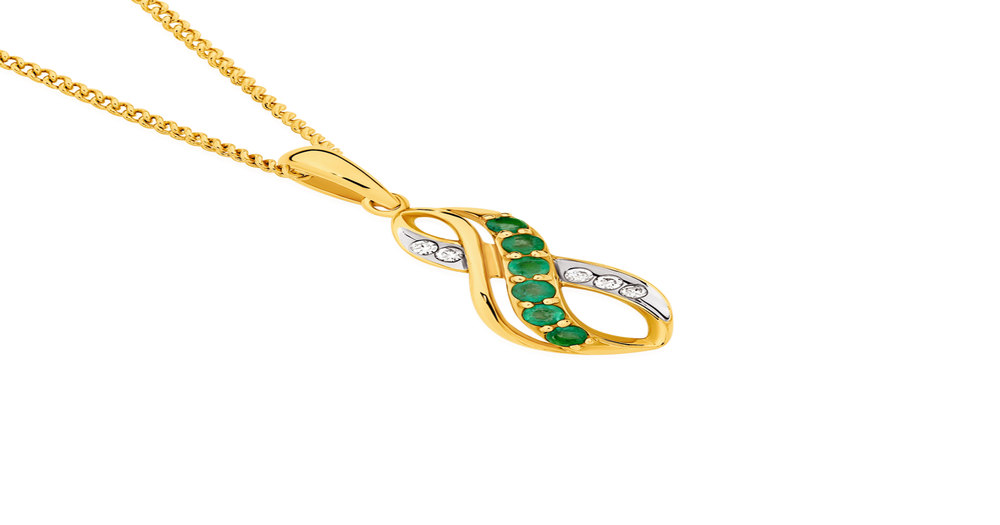 9ct Gold Emerald And Diamond Infinity Swirl Pendant in Green Angus