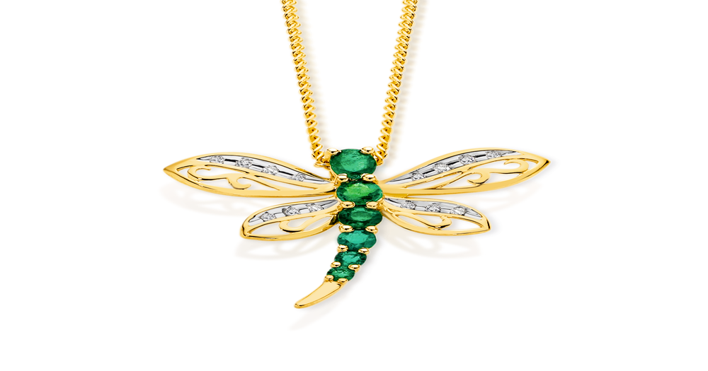 9ct Gold Emerald & Diamond Dragonfly Slider Pendant in Green Angus