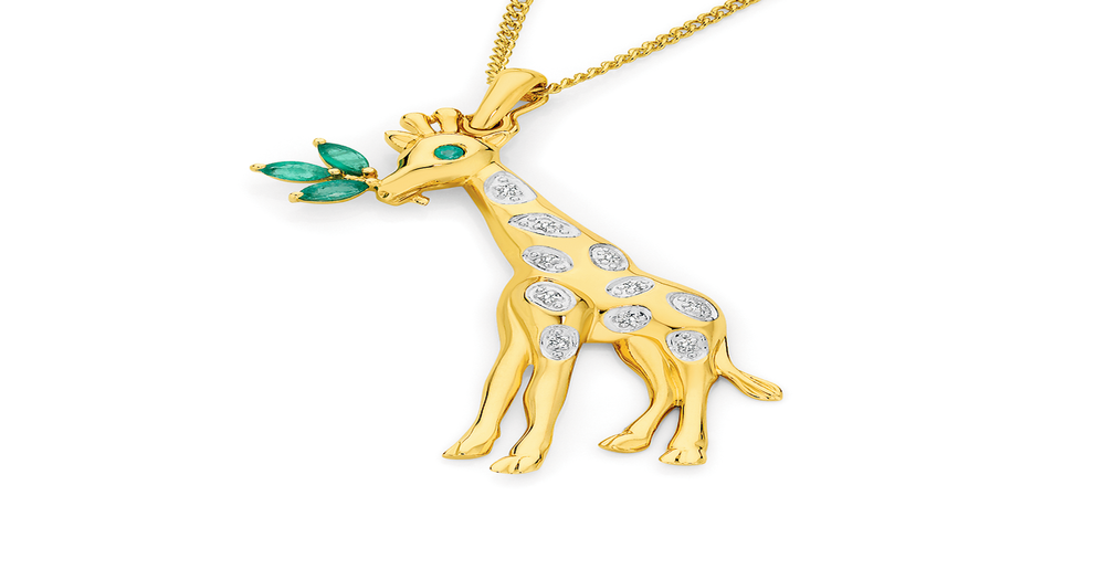 9ct Gold Emerald & Diamond Giraffe Pendant in Green Angus & Coote