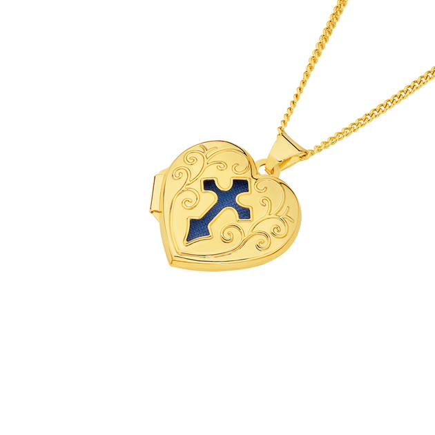 Angus Locket 9ct Gold Filigree Cross Cutout Heart Locket With Blue Fabric in Blue ...