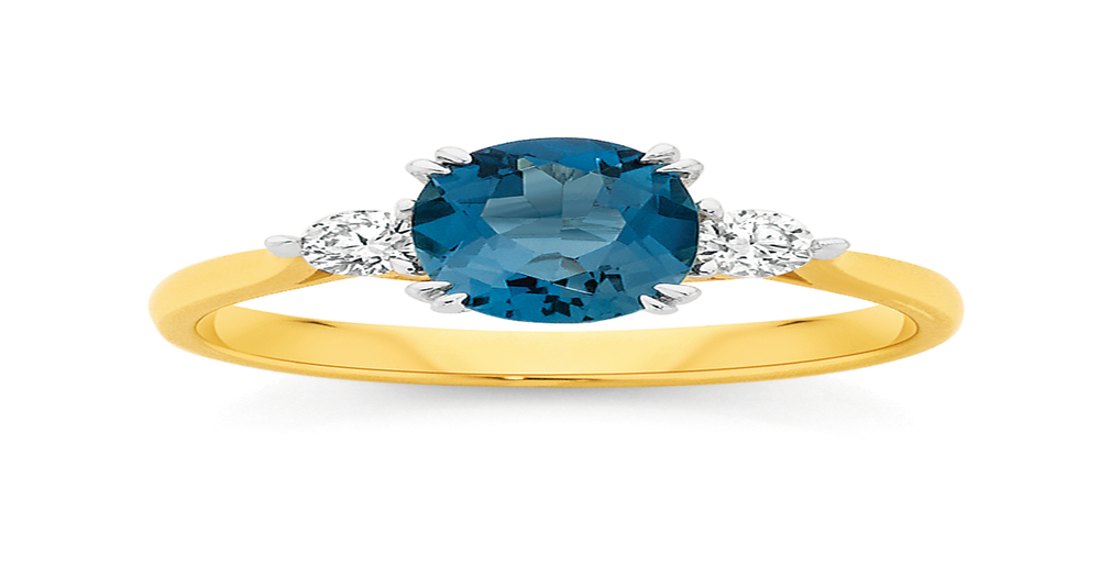 9ct Gold London Blue Topaz & .25ct Diamond Ring in Blue | Angus & Coote