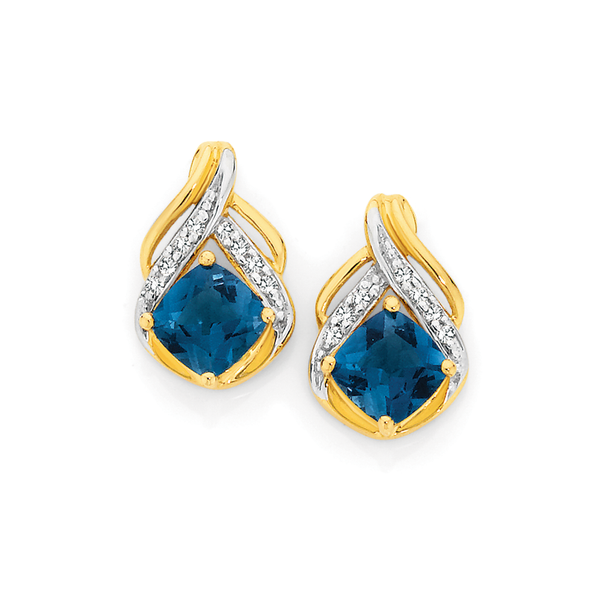 9ct Gold London Blue Topaz & Diamond Stud Earrings