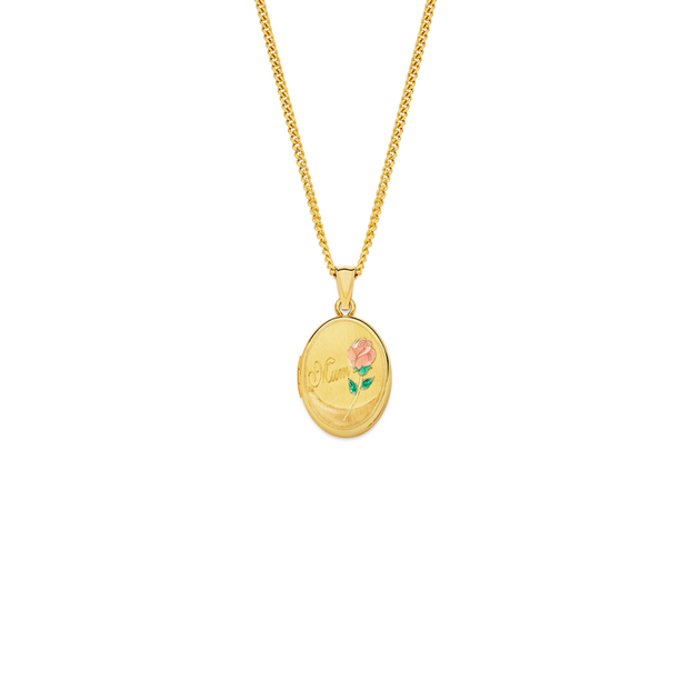 Angus Locket 9ct Gold 'mum' Pink Rose Engraved Oval Locket | Angus & Coote