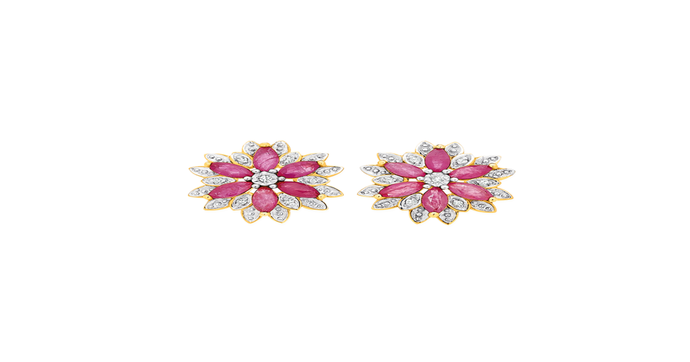 9ct Gold Natural Ruby And Diamond Flower Stud Earrings in Red Angus