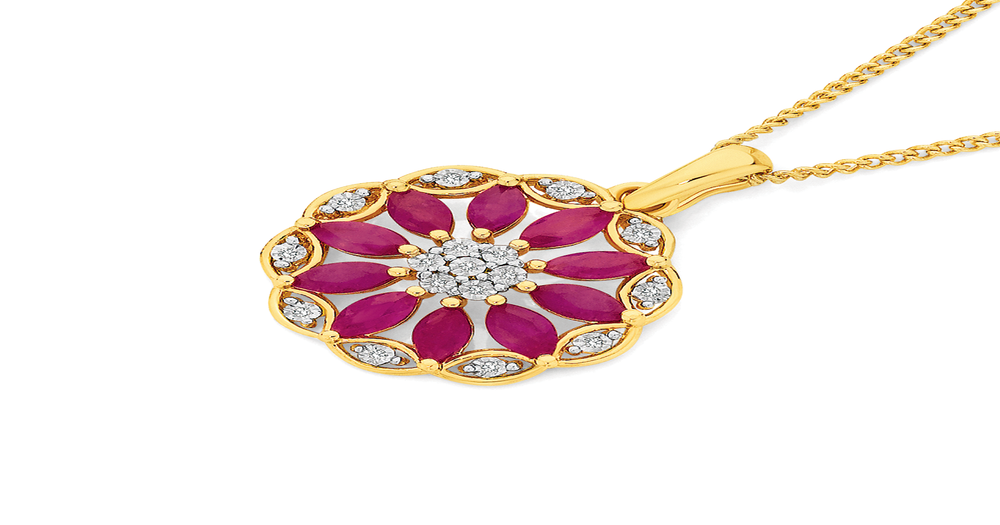 9ct Gold Natural Ruby & Diamond Wreath Flower Pendant in Red | Angus ...