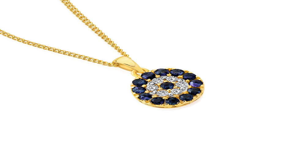 9ct Gold Natural Sapphire & .15ct Diamond Evil Eye Pendant in Blue