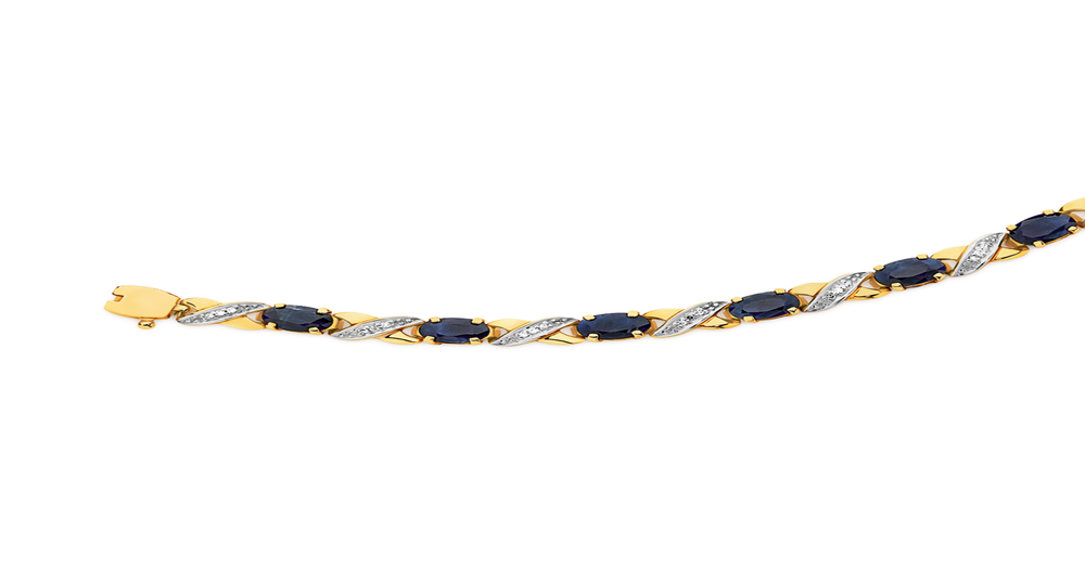 9ct Gold Natural Sapphire & Diamond Oval Cut Kiss Bracelet in Blue