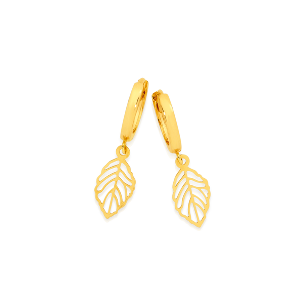 9ct Gold Open Leaf Drop Huggie Earrings