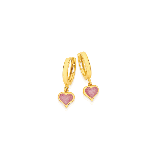 9ct Gold Pink Enamel Heart Drop Huggie Earrings