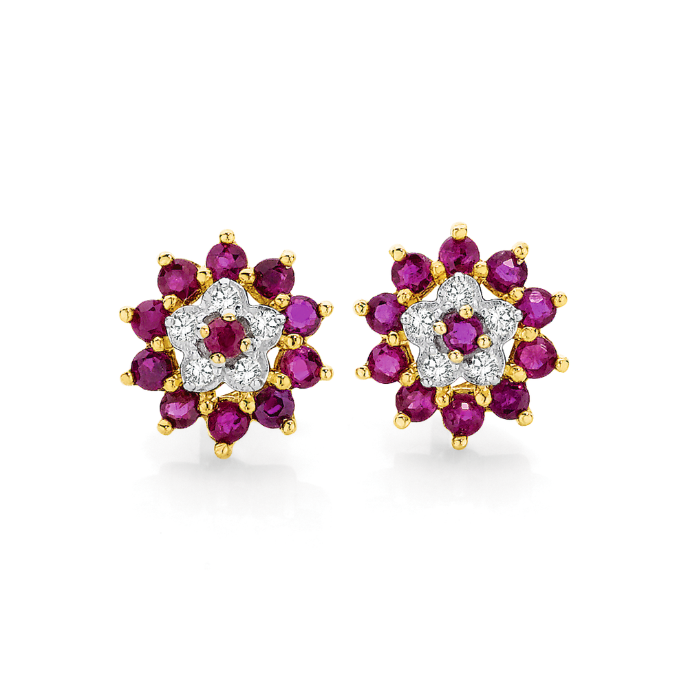 9ct Gold Ruby Gemstone Flower Stud Earrings. 
