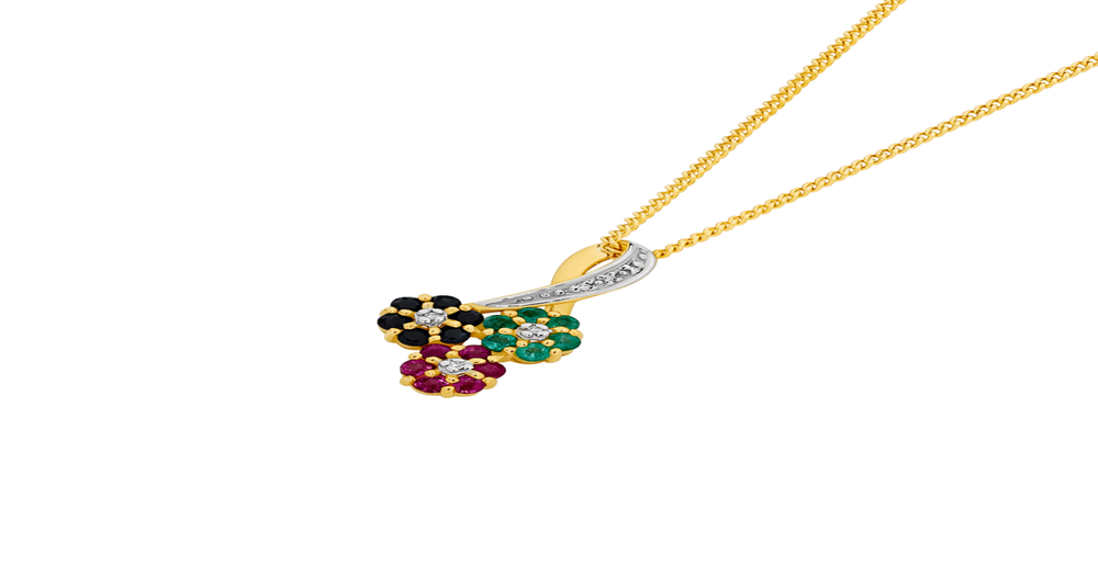 9ct Gold Sapphire, Ruby, Emerald & Diamond Diamond Slider Pendant in