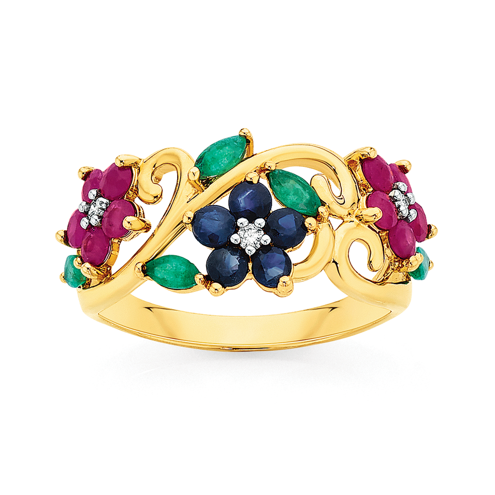 Flower Style Ruby Emerald Diamond Ring In Solid 14k Gold - Gleam Jewels