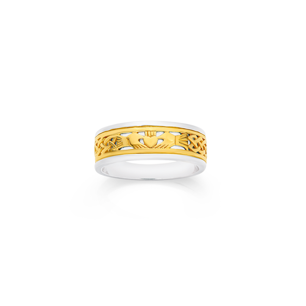 9ct Gold Silver Claddagh Pattern Mens Ring Angus Coote