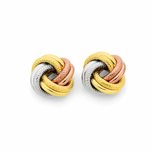 9ct Gold Tri Tone 10mm Diamond-Cut  Love Knot Earrings