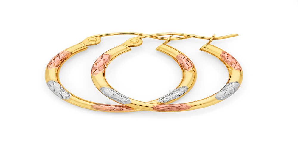 9ct Gold Tri Tone 15mm Hoop Earrings Angus & Coote