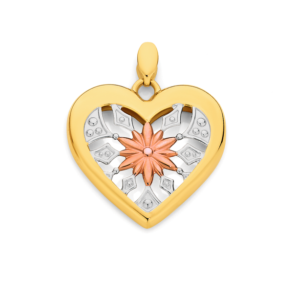 9ct Gold Tri Tone Snowflake Centre Heart Pendant