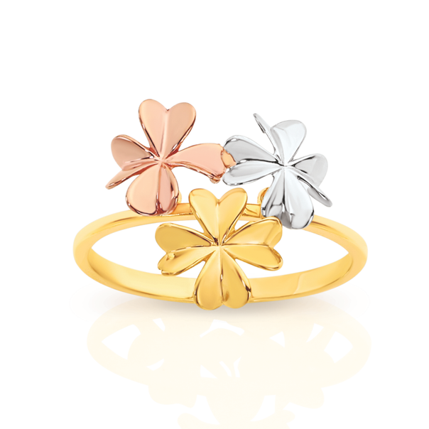 9ct Gold Tri Tone Triple Flowers Dress Ring