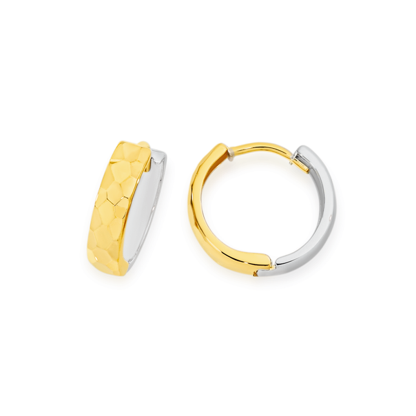 9ct Gold Two Tone 10mm Diamond-cut Huggie Earrings