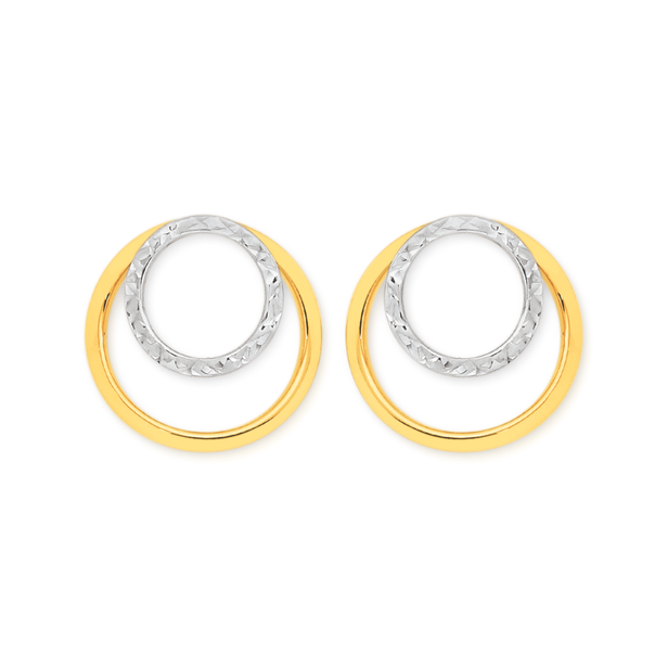 9ct Gold Two Tone Diamond Cut Double Convex Wave Stud Drop Earrings.