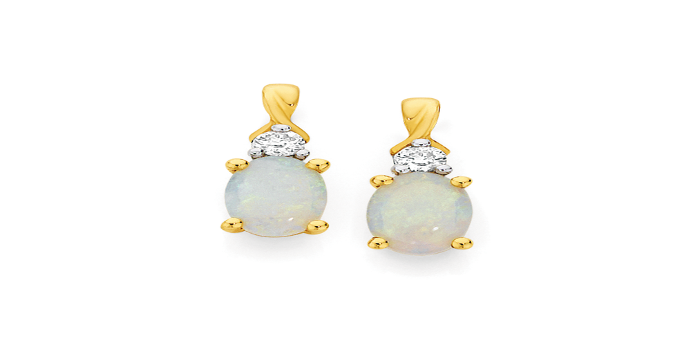 9ct Gold White Opal & Diamond Stud Earrings in White Angus & Coote