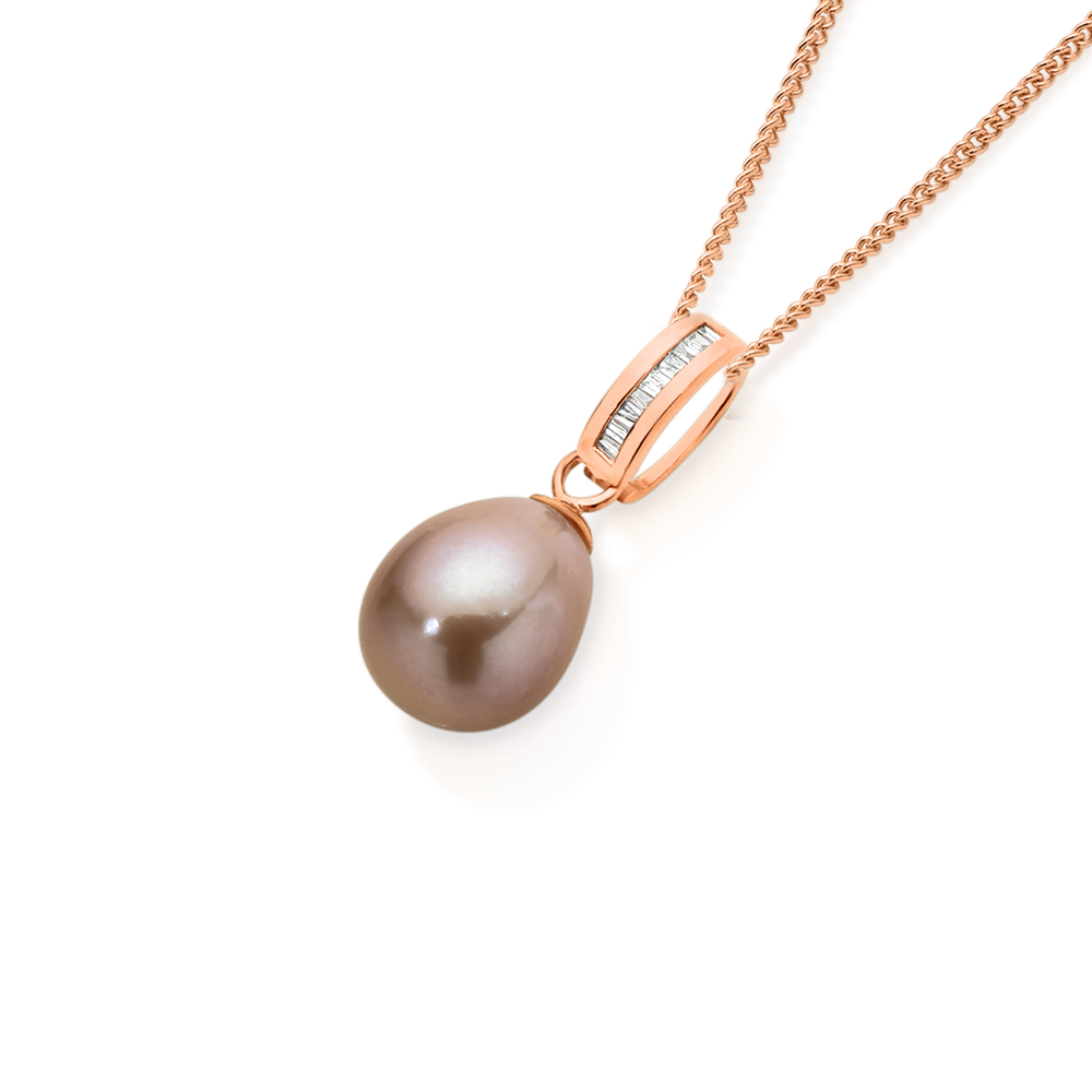 9ct Rose Gold Pink Cultured Freshwater Pearl & Diamond Pendant Necklace 18  ins by Arrosa | Look Again