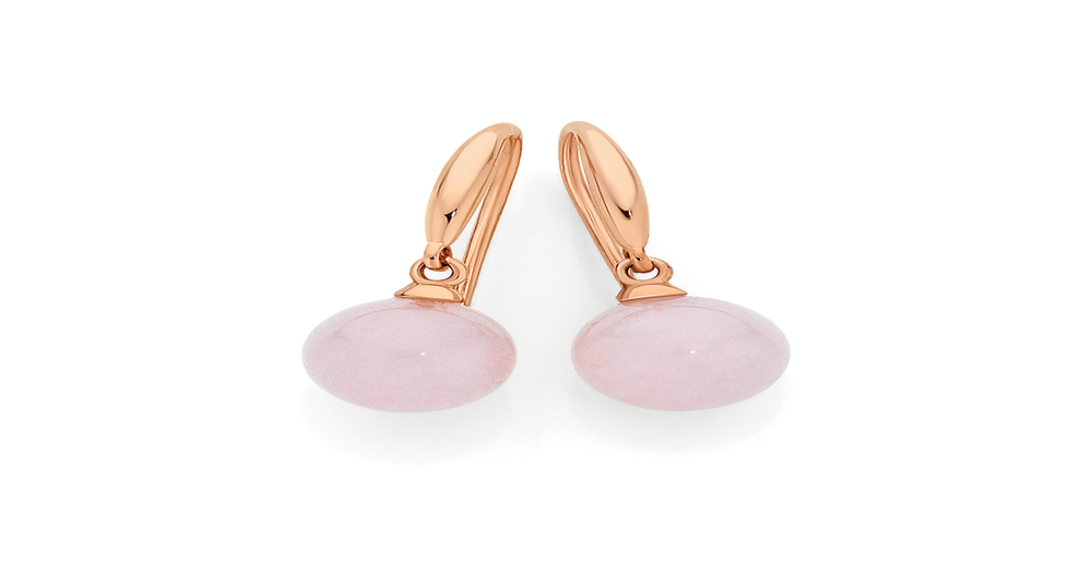 9ct Rose Gold Rose Quartz Round Drop Hook Earrings in Pink