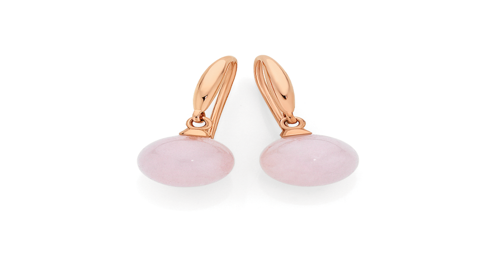 9ct Rose Gold Rose Quartz Round Drop Hook Earrings in Pink Angus