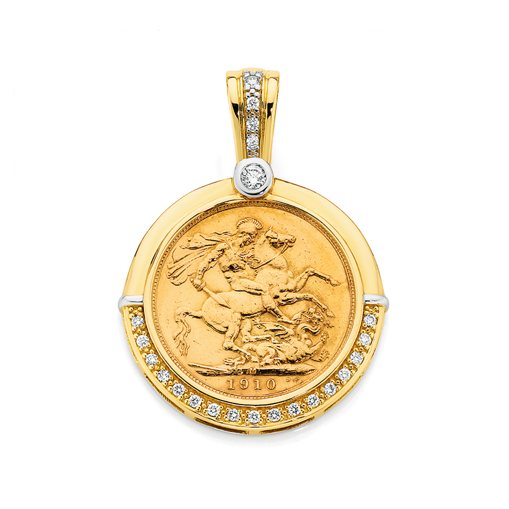 9ct Two Tone Diamond Set 22ct Full Sovereign Enhancer Pendants