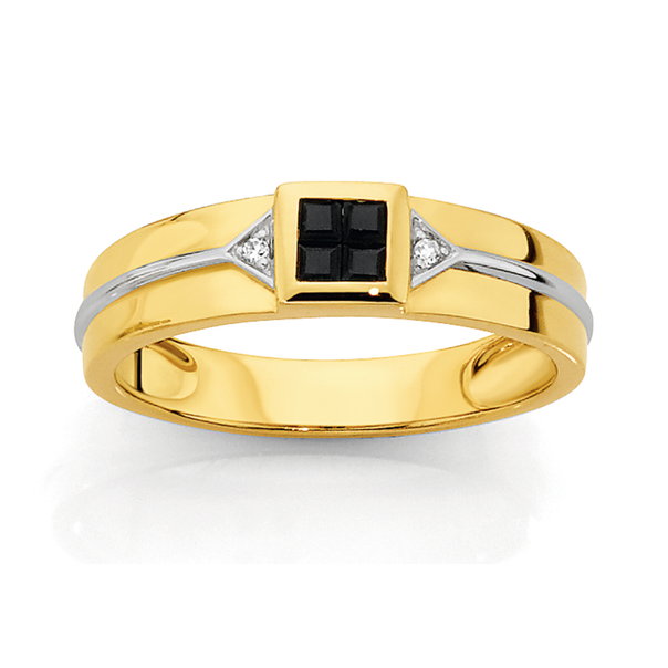 9ct Two Tone Gold Diamond & Sapphire Gents Ring