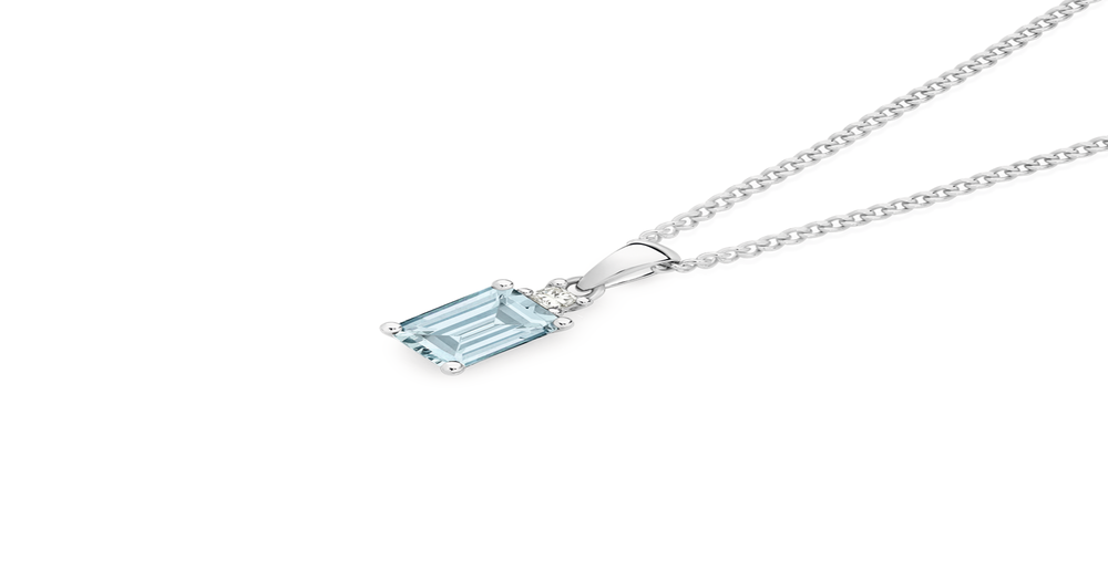 9ct White Gold Aquamarine & Diamond Emerald Cut Pendant in Blue Angus
