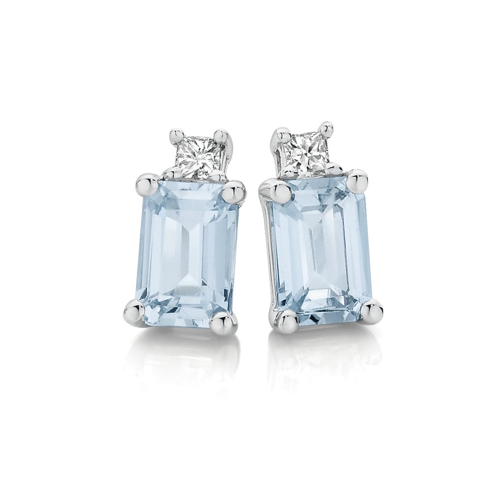 9ct White Gold Aquamarine Diamond Stud Earrings in Blue Angus