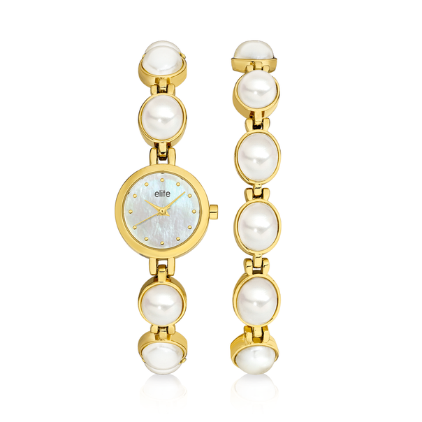 elite Ladies Gold Tone Pearl Watch and Bracelet Set