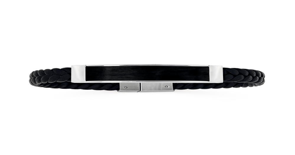 M+y Steel 21cm Leather Plait Idenitty Bracelet Angus & Coote